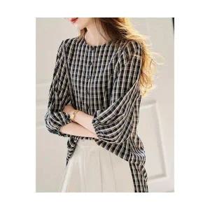 여자 블라우스 쉬폰 시스루 봄가을 빈티지 라운드 체크 셔츠 모고 어원창 칠부 싱글 B22Z1-4 MACHI1