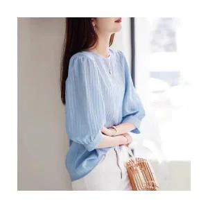 여자 블라우스 쉬폰 시스루 프렌치 라운드 상의 캐주얼 니트 칠부 소매 벌룬 셔츠 B17Z12 MACHI1