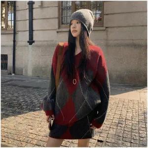 다이엔 아가일 니트+스커트 투피스