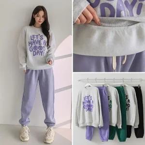 여성 기모 레터링 맨투맨 티셔츠 조거팬츠 트레이닝 세트 츄리닝 투피스 셋업 -WPST0307- 겨울