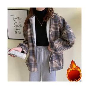 여성용 봄 빅사이즈 기모 긴팔 체크 카라넥 자켓 루즈핏 따뜻한 셔츠