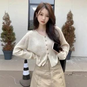 모씨모씨 데일리아우터 골지 4컬러 세미크롭 골드버튼 가디건 패션가디건 패턴 브이넥