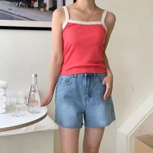 [다잇템] 여성 면혼방 콘트라스트 슬리브리스 키치무드 어깨끈 티셔츠