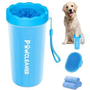 목욕 브러시와 흡수성 타월이 포함된 코모텍 강아지 발 클리너 - 긴 털과 짧은 털 개(대형, 파란색)를 위한 조절 가능한 링 핸들