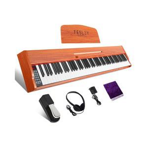 페슬리 가중 피아노 키보드 88 초보자를 위한 사이즈 전기 다울 스피커가 있는 휴대용 지속 페달 전원 어댑터 블루투스 지원 USB MIDI FEP300 브라운