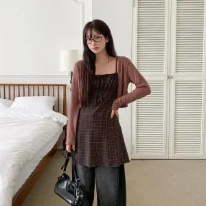 [다잇템] 여성용 면원단 문양 격자 드레스 쁘띠 리본 어깨끈_23303136_588872