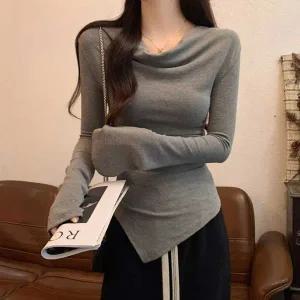 셔링 긴팔티셔츠 슬림핏 보트넥 오프숄더 OK 밑단언발 슬림핏티셔츠