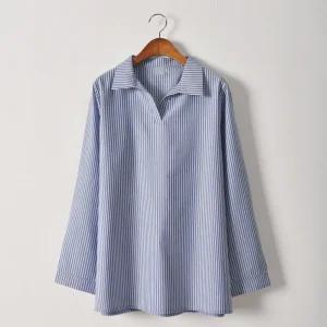 모던 스트라이프 반오픈 카라 블라우스