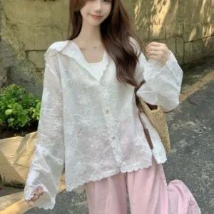 러블리 꽃 자수 시스루 후드 재킷 여름 가디건