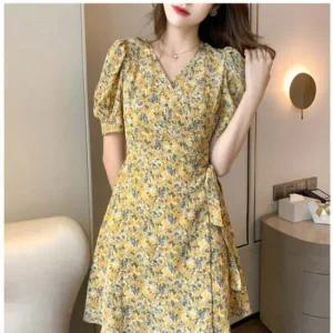 랩원피스 원피스 퍼플 브이넥 플라워 옐로우