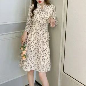 플라워 패턴 플레어 원피스 브이넥 옆지퍼