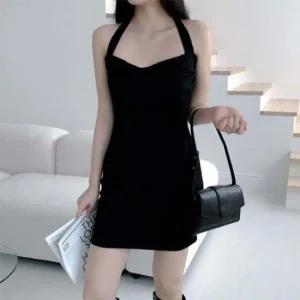 미니 인기 블랙 드레스 슬림 감성 스판 홀터넥 나시