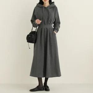 젠저 기모 후드 허리 밴딩 롱 원피스_BDOP112