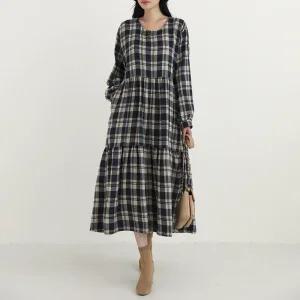 크레 피치 체크 캉캉 롱 원피스_BDOP107