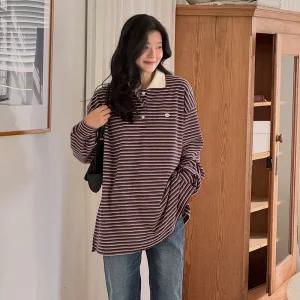기모 스트라이프 피케 카라 티셔츠 긴팔 오버핏 여성 빅사이즈