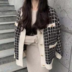 블랙 트위드 체크 가디건 루즈핏 겨울 니트 아우터