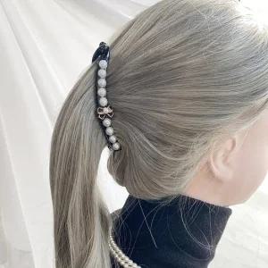 레인걸 국내제작 귀욤리본진주 얇은 바나나핀 10cm 머리핀 올림머리집게핀