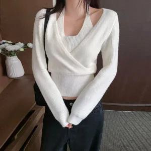 [하프클럽/]여성 홀터넥 골지 나시 레이어드 크롭 니트