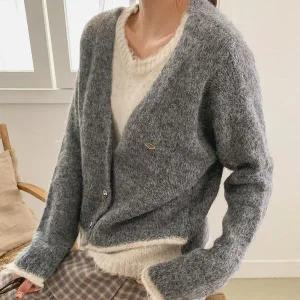 [하프클럽/]여성 울혼합 여리핏 배색 레이어드 니트 카디건