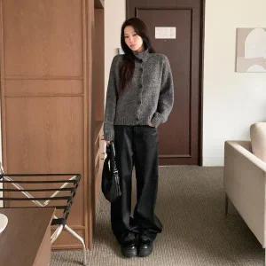 [하프클럽/]여성 캐주얼 하이넥 버튼 긴팔 니트 가디건