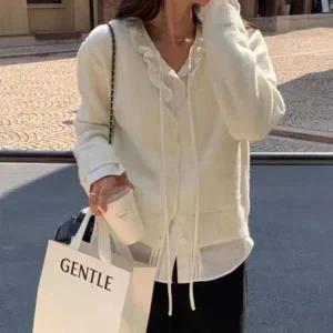 [하프클럽/]여성 프릴 디테일 브이넥 니트 가디건