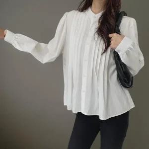 [하프클럽/]여성 핀턱 헨리넥 심플 컬러 블라우스