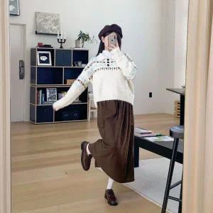 [하프클럽/]여성 롱 그런지 코듀로이 골덴 고무줄 스커트