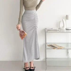 [하프클럽/]여성 단색 핀턱 머메이드 롱 스커트