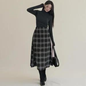 [하프클럽/]여성 하이웨스트 체크 A라인 롱스커트 도톰 배색 디자인