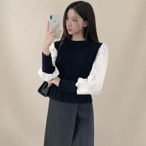 [하프클럽/]여성 꽈배기 케이블 디자인 퍼프 니트 조끼