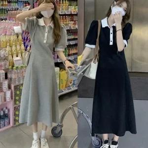 [아우트]배색 셔링 카라 롱원피스 반팔 롱 원피스