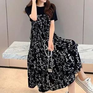 [아우트]청바지레이어드원피스 패턴 반팔 원피스