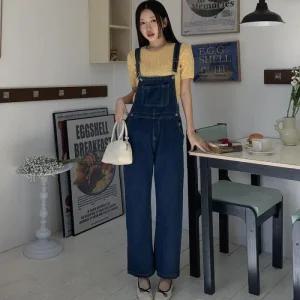 여자 키치무드 데님 멜빵 오버롤 일자핏 팬츠