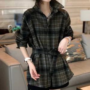 [아우트]예쁜블라우스 도톰 허리밸트 체크 코트