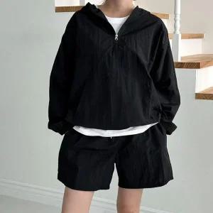 [아우트]바람막이 긴팔 후드 반바지 세트 데일리