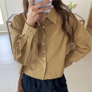 [아우트]뒷트임 베이직 크롭 긴팔셔츠 카라