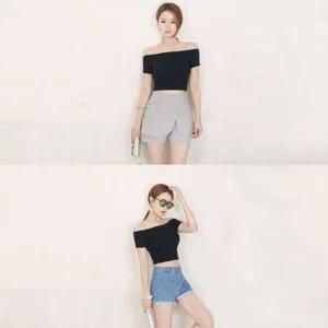 [아우트]체크남방여자 입술넥티 티셔츠 오프숄더