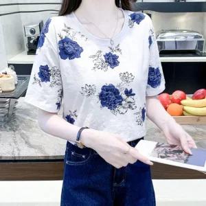 [아우트]U넥티셔츠 패턴 라운드넥 티셔츠 30대