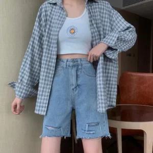 [아우트]하이웨이스트 하프 코디하기편한 청반바지