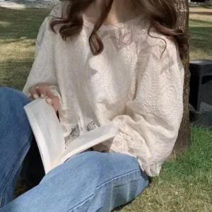 [아우트]레이스 청순 블라우스 퍼프 시스루 셔츠