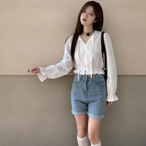 [신상오픈런]|KHH41AD|여성 레이스 긴팔 크롭 블라우스 코튼 스트랩 찰랑핏