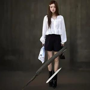 [신상오픈런]|CHH41AC|여성용 사랑스러운 면 레이스 크롭 셔링 브이넥 탑