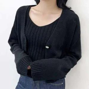 브이넥 여자 추천 골지 니트 꾸안꾸 가디건 세트 가을