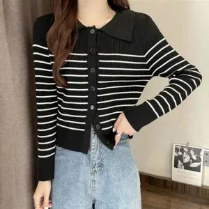 가디건 카라 니트 스트라이프 골지 사무실 긴팔 2컬러