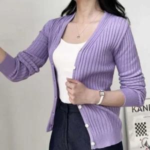 여자 브이넥 데일리 니트 골지 클래식 가디건 슬림핏