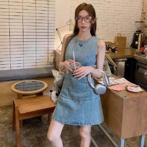 민소매 데님 A라인 원피스 LLD159 하객 홀터넥 데일리