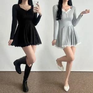 퓨링원피스 A라인 미니 긴팔 무지 루즈 데이트 파티