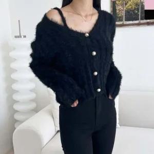 CAT 1087 여자페이크 앙고라 크롭탑가디건세트 볼레로 볼레로 가디건 가디건 미니 여성 여름 볼레로가디건