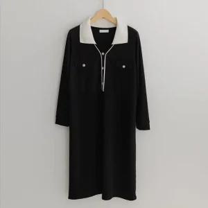 [66-120] 빈주 브이 카라 배색 버튼 원피스