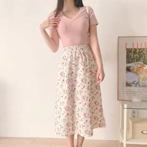 밴딩 A라인 추천 치마 여성 꾸안꾸 꽃무늬 쉬폰 플레